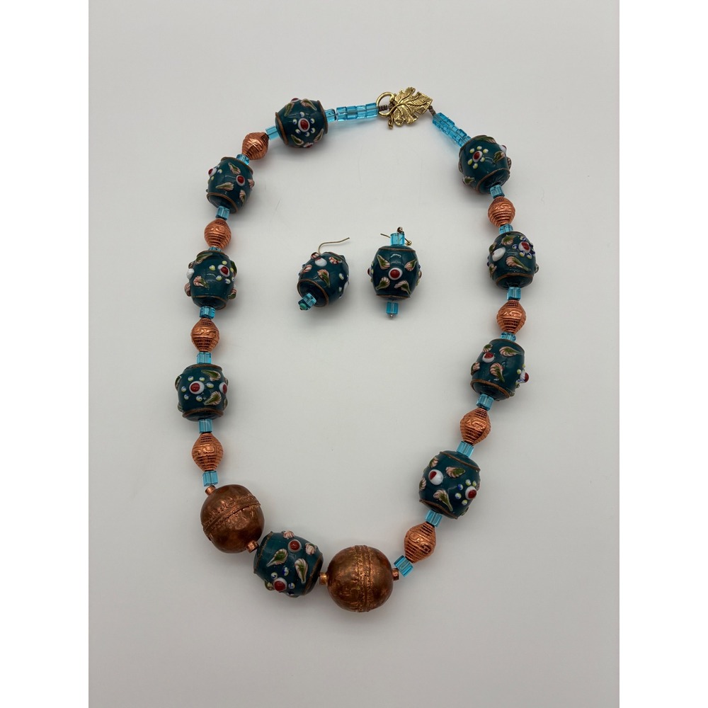 Vintage Lampwork Glass & Copper Bead Necklace Earring Set Teal Blue Floral Leaf